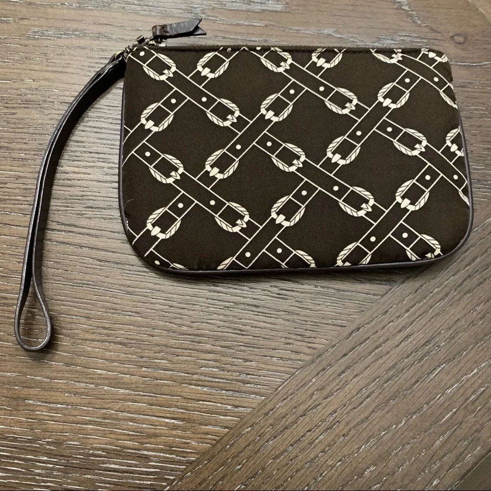 J. Crew brown/cream pattern silk cloth wristlet